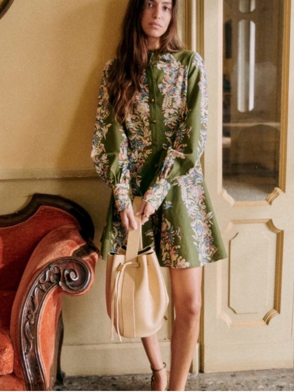Sézane Caprice dress, olive green floral dress